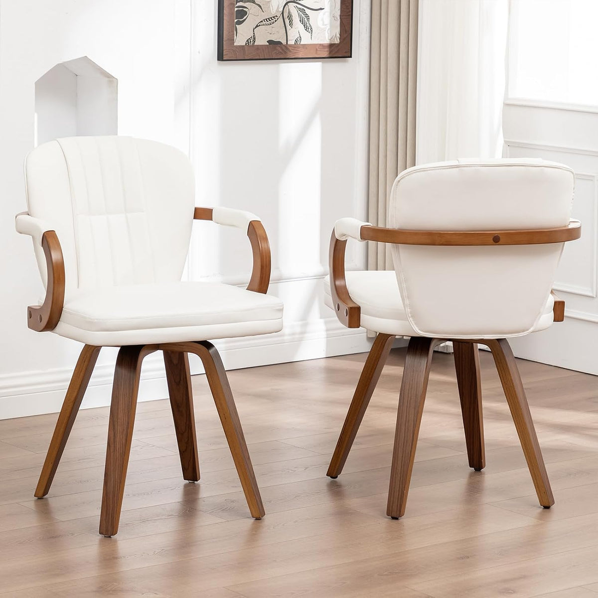 Swivel Dining Chairs Set of 2 Mid Century Modern White Faux Leather Upholstered Kitchen Chairs with Bentwood Frame Armrests Side Chairs,Comfortable Ergonomic Wood Accent Chair No Wheels