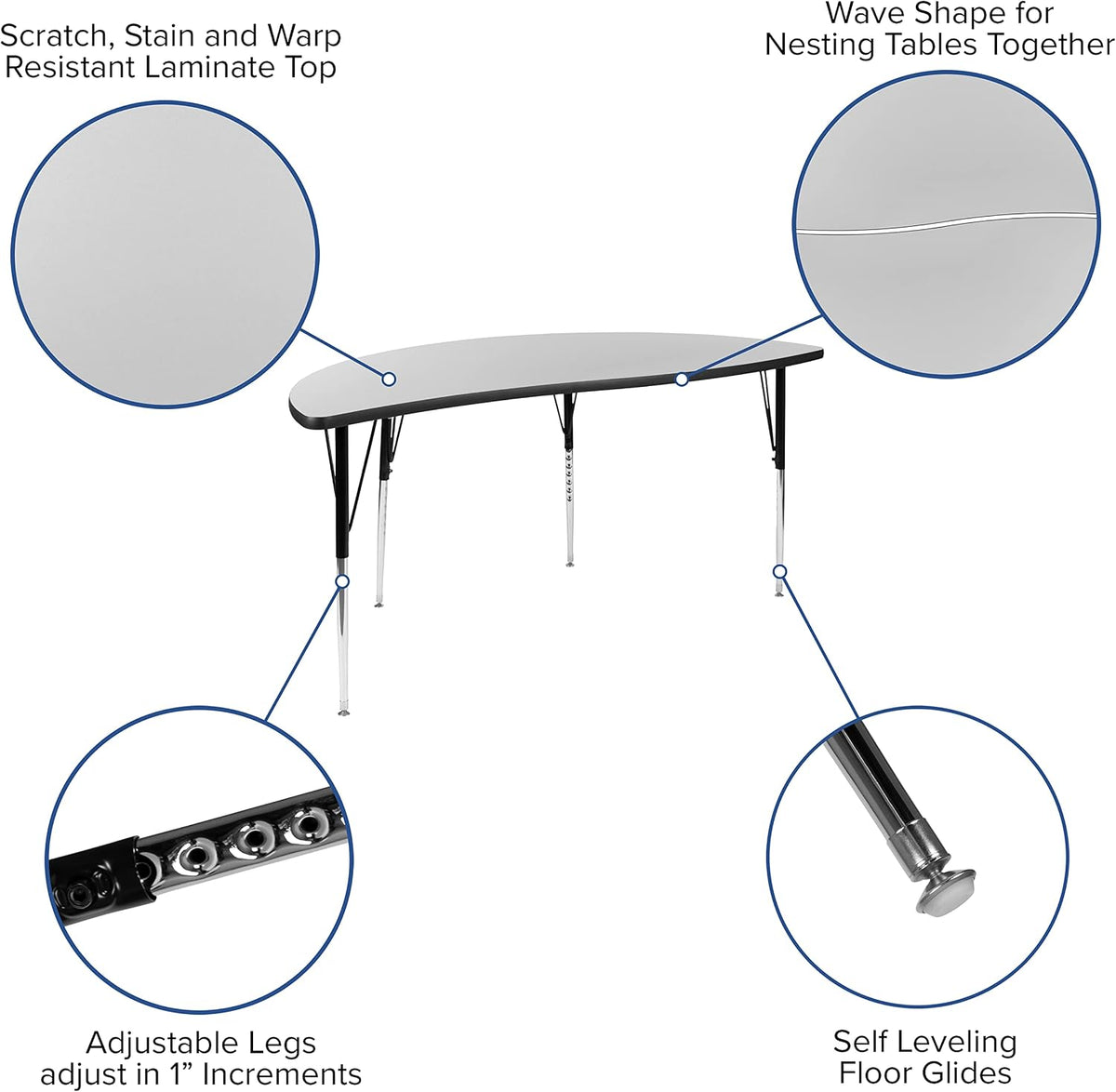 Flash Furniture Emmy 2 Piece 86" Oval Wave Flexible Grey Thermal Laminate Activity Table Set - Standard Height Adjustable Legs | Height Adjustable, Flexible, Durable Construction, Commercial Use