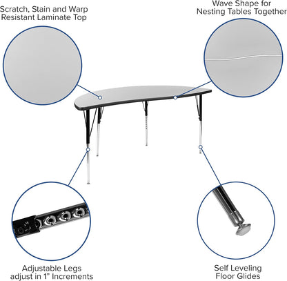 Flash Furniture Emmy 2 Piece 86" Oval Wave Flexible Grey Thermal Laminate Activity Table Set - Standard Height Adjustable Legs | Height Adjustable, Flexible, Durable Construction, Commercial Use
