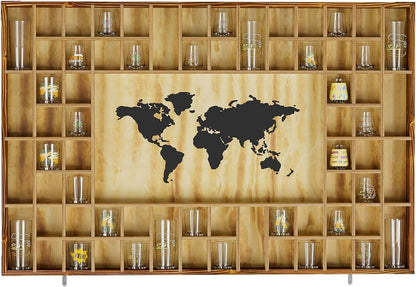 68 Large World Map Shot Glass Display Case Rustic Shot Glass Holder 37x 24.4in Brown Wood Shelf for 2 Different Sizes Glasses Shelf Wall Mount Storage Cabinet for Bar Home Kitchen
