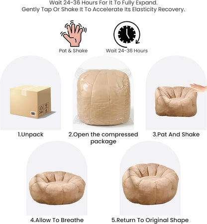 Flower Bean Bag Chair for Teens and Young Adults, Soft Faux Fur Floor Seating with Memory Foam, Aesthetic Room Decor Cozy Lounger for College Dorm, Khaki