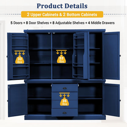 Merax 73''H Freestanding Wooden Kitchen Pantry Storage Cabinet, Organizers with 2 Upper & 2 Bottom Cabinets & 4 Drawers & 8 Adjustable Shelves, Anti-Tipping Device Cupboard for Dining Room, Blue