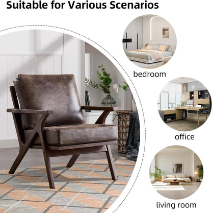 INZOY Mid-Century Modern Accent Chair with Wood Frame, PU Leather Living Room Chair and Soft Thick Padded Armchair for Living Room Bedroom Reception with Removable Upholstered Cushions, Dark Grey