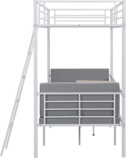 Twin Size Metal Loft Bed with Built-in Wooden Table and Upholstery Chairs Set for Kids Teens, Full Length Guardrails Inclined Ladder, Bedroom, Dorm, Space Saving (White-with Built-in Table)