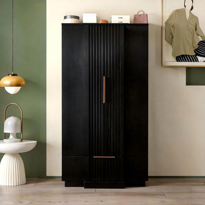 Brafab 67" Fluted Armoire Wardrobe Closet with Drawers, Black Cabinet | Removable Hanging Rods, Adjustable Shelves, Soft-Close Hinges, Large Capacity, Clothes Organizer for Bedroom, Cloak Room