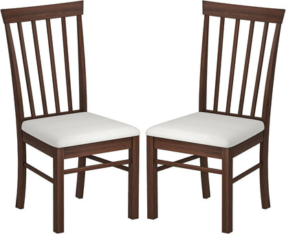 HOMCOM Wooden Dining Chairs Set, Farmhouse Upholstered Kitchen Chairs with Rubber Wood Frame for Living Room, Dining Room, Dark Brown and Beige, Set of 2