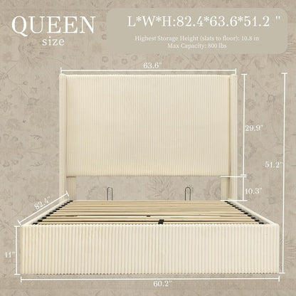 Yechen Queen Bed Frame with Lift Up Storage, 51.2" Tall Headboard and Upholstered Wingback Platform Bed Frame, Hydraulic Support, No Box Spring Needed, Beige Corduroy