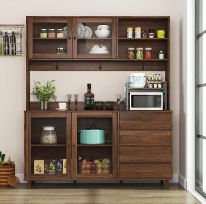 KEIKI 75" H x 63" W Kitchen Pantry Storage Cabinet with Countertop, Glass Doors, Drawers, Microwave Stand and Shelves, Tall Freestanding Wood Hutch Food Pantries Cupboard for Coffee Bar, Dining Room