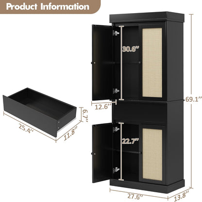 69'' Tall Pantry Cabinet with Rattan Doors, Slim Kitchen Cabinet for Narrow Spaces, Black Wood Storage Shelves with Drawer and Adjustable Shelves for Dining Room