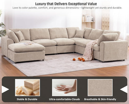 Oversized Modular Sectional Sofa, 7 Seater Cloud Couch with Ottoman | 130" Beige, Large U Shaped Convertible Corner Sofa In Chenille Fabric, Solid Wood Frame, for Spacious Living Room