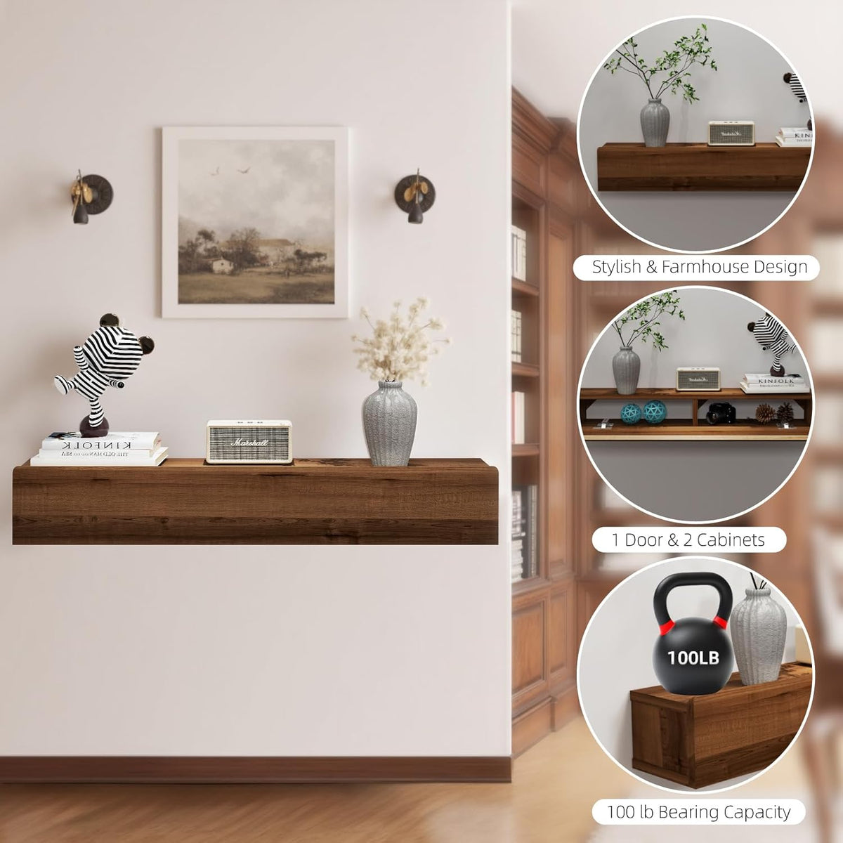 Floating Solid Wood Console Table, 47'' Wall Mounted Narrow Entryway Table with Storage Shelf, Modern Couch Shelves Small Entry Way Tables for Entryway, Front Hall, Hallway (Walnut, 47.24IN)