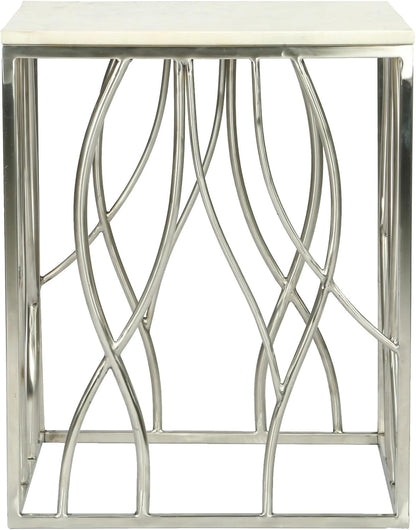 Penau Square Marble End Table, White Marble Top with Natural Gray Veins, Polished Stainless Steel Base with Organic Curves, Dimensions 18W x 18D x 22.5H Inches, Fully Assembled