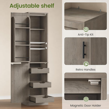 Itaar Narrow Kitchen Pantry Cabinet with 3 Door Shelves & 3 Drawer, Grey | Slim for Small Place, Adjustable Shelf, 71" Freestanding Linen Storage for Living Room, Kitchen, Bathroom