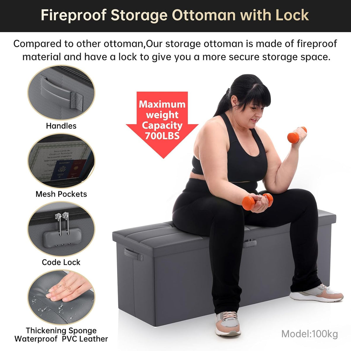 ENGPOW Storage Ottoman, Fireproof Folding Bench with Lock(15”x 43”x15”), Water-Resistant ＆ Heat Insulation Large Storage Chest with Handles＆2 Extra Spaces Safe for Living Room, Bedroom, Home, Grey