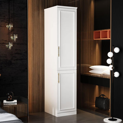 Slim Wardrobe Armoire with Clothing Rod and Storage Shelves, Narrow 2-Door Armoire Closet with Gold Handles, Shaker Style Tall Corner Clothing Cabinet, White 15.7" W x 19.3" D x 74.8" H