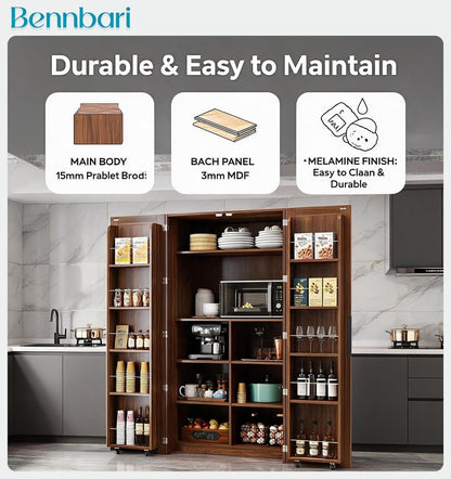 62.8" Tall Kitchen Pantry Cabinet with Shelves and Door Racks, Freestanding Food Cupboard Sideboard for Dining Room, Multifunctional Wooden Buffet Organizer (Walnut)