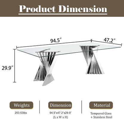 94" Glass Dining Table for 8-10, Large Luxury Kitchen Table with Tempered Glass Minimalist Tabletop and Silver Stainless Steel Pedestal for Dining Room (Table Only)
