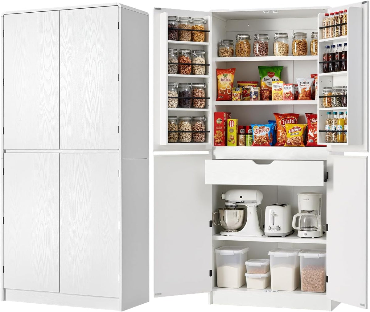 72" Tall Farmhouse Kitchen Pantry Cabinet with 8 Door Shelves, Curved Design Storage Cabinet with 3 Adjustable Shelves, Hidden Drawer, Versatile Cupboard for Kitchen, Dining & Bathroom, White