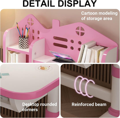 2-Piece Kids Adjustable Study Desk & Seat Set, Cartoon Print Widened Desktop with Storage Drawer Metal Frame for Homeschool Bedroom Playroom Pink
