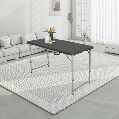 SKONYON 4 Foot Folding Table Heavy Duty Portable Fold-in-Half Plastic Utility Table Small Indoor Outdoor Adjustable Height Card Table with Carrying Handle, Camping and Party, Black