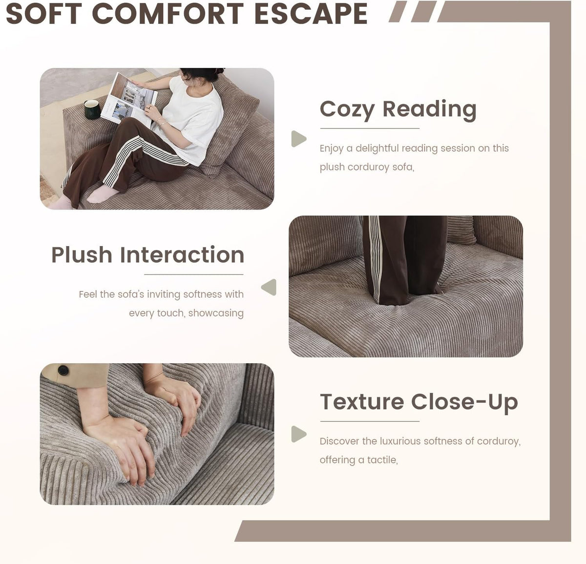 Sectional Couches for Living Room,102inch Cloud Couch Modular Sectional Sofa,Modern Corduroy Couch Love Seat,Cushion Covers Removable& Washable (Brown)