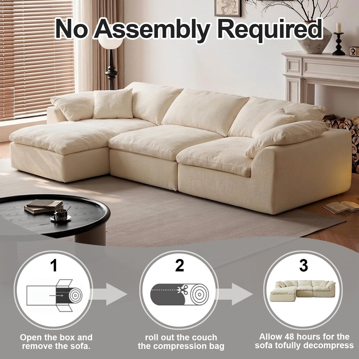109" Cloud Couch Sectional for Living Room, Oversized Modular L Shaped Sofa with Ottoman, Deep Seat Chenille Sectional Couch, Convertible Sofa Bed for Ultimate Comfort(Lvory White)