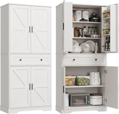 Garvee 71" Kitchen Pantry Cabinet, Barn Door Freestanding Cupboard with Drawer, Sliding Storage Rack, and 6 Hanging Shelves for Kitchen, Dining Room, Living Room Bedroom