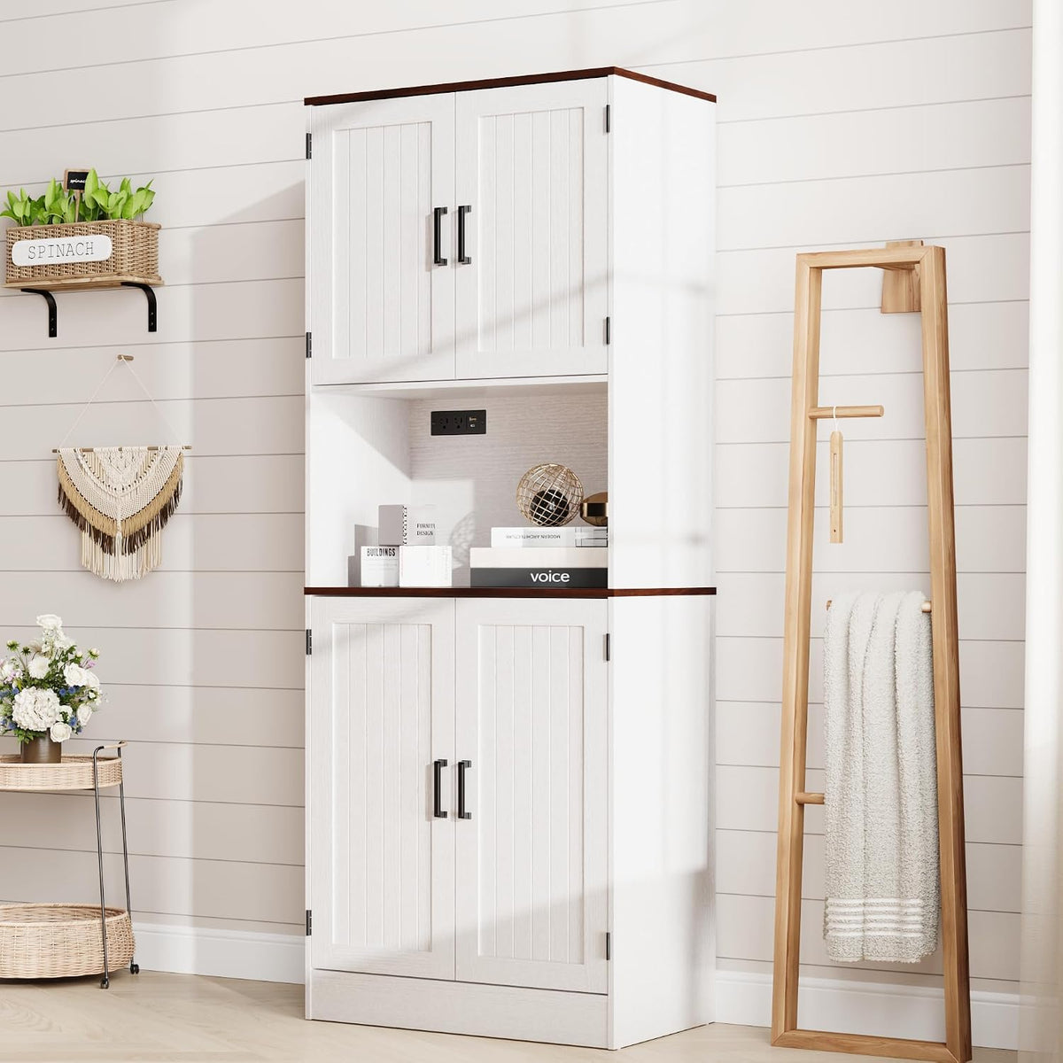 MHOM 71" Tall Pantry Cabinet with Charging Station, Farmhouse Kitchen Hutch with Adjustable Shelves, Modern Kitchen Pantry Storage Cabinet for Dinning Room & Living Room, Antique White