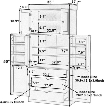 77'' Tall Freestanding Kitchen Pantry Storage Cabinet, Wooden Kitchen Organizers Cupboard with Adjustable Shelves, Door Shelves, 3 Drawers and Wine Racks for Dining Room Living Room (White-1.27)