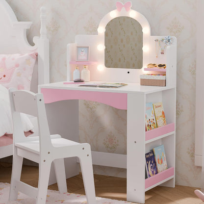 Girls Vanity with Lights, Kids Vanity Table and Chair Set for Princess, Toddler Makeup Vanity Desk with Open Bookshelf, Storage Cabinet & Side Shelves, Stools, White