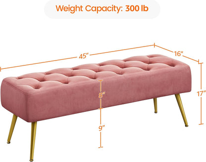 Topeakmart Dining Bench, Button-Tufted Upholstered Bench with Gold Metal Base for Kitchen, Living Room, Entryway - Pink