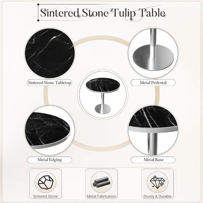 31.5" Tulip Table, Small Round Dining Table with 1.2" Thick Sintered Stone Tabletop and Silver Metal Pedestal Base, Bistro Table for Diner, Restaurant, Café, Bakery, Apartment (Marble Black Silver)