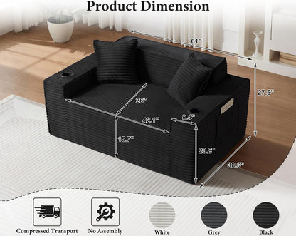 61” Loveseat Sofa, Comfy Corduroy Couch with Cup Holders & Storage Pockets, Deep Seat 2-Seater Cloud Couches for Small Space Living Room No Assembly Required, Black