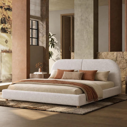 Kenhome Queen Size Boucle Cloud Bed Frame, Upholstered Platform Bed with Curved Headboard & Solid Wood Frame, Luxurious & Easy Assembly (Beige, Queen (U.S. Standard))