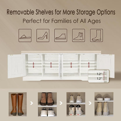DINZI LVJ Shoe Bench, Entryway Storage Bench with Doors, Cushion, 2-Tier Shoe Rack with 8-Cubby, 47.2”L x 13.8”W Farmhouse Shoe Organizer Cabinet, Adjustable Shelf, Living Room, Bedroom, Rustic White