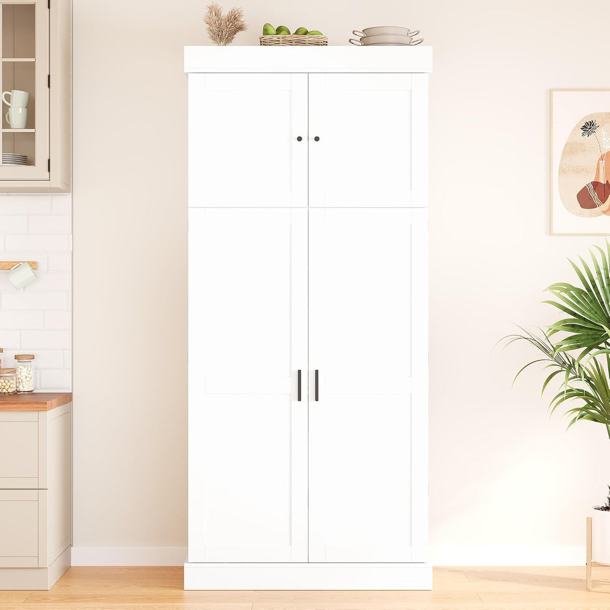 77'' Tall Freestanding Kitchen Pantry Storage Cabinet, Wooden Kitchen Organizers Cupboard with Adjustable Shelves, Door Shelves, 3 Drawers and Wine Racks for Dining Room Living Room (White-1.27)