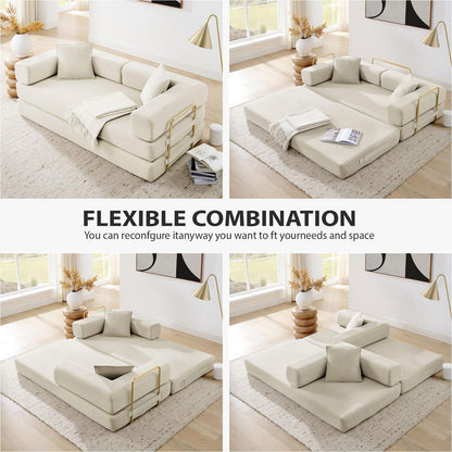 HANXIN 78 Inch Convertible Sleeper Sofa Bed, Folding Floor Mattress Couch with Fixed-Shape Frame, Futon Couch Lounge Loveseat with Pull Out Bed, No Assembly Required (Beige)