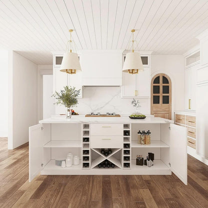 72" Kitchen Island with Storage,White Marble Melamine Cabinet with Drawers, Shelves & Wine Rack for Kitchen or Dining Room