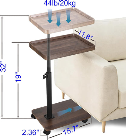 C Shaped End Table for Couch, Adjustable Height C Shaped Side Table with Wheels,TV Trays Table for Sofa, Bedroom,Living Room Small Spaces Couch Table