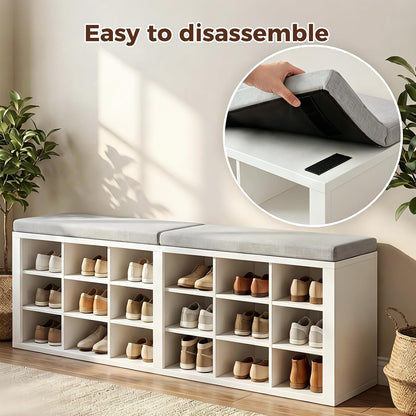 AMONIDA Shoe Storage Bench with Cushion, Entryway Bench with Shoe Storage,18 Cubby Shoe Bench with Removable Dividers, Shoe Organizer Bench for Entryway, Living Room, Light Grey (18, White)