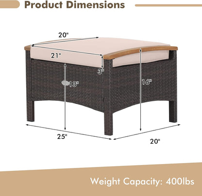 Tangkula 2 Piece Patio Rattan Ottomans, Outdoor Wicker Footstool w/Acacia Wood Handles, Soft Zippered Cushions, 3-in-1 Function Footstool Seat & Side Table for Backyard, Balcony, Poolside (Beige)