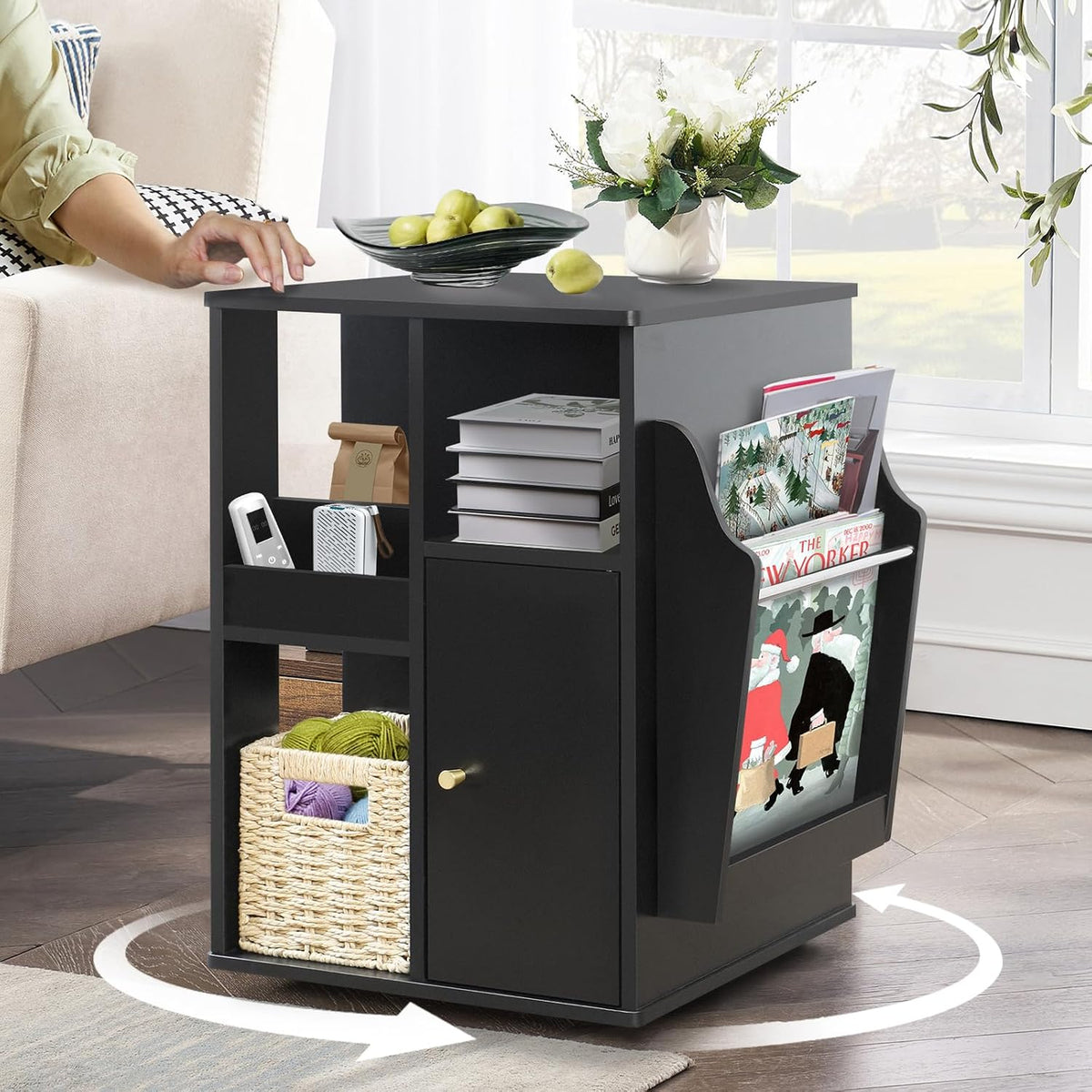 TooCust Rotating End Table with Storage, Square Rotating Side Table Living Room, Side Table with Magazine Holder, Basket and Cabinet, Swivel End Table with Multiple Storage (Black)