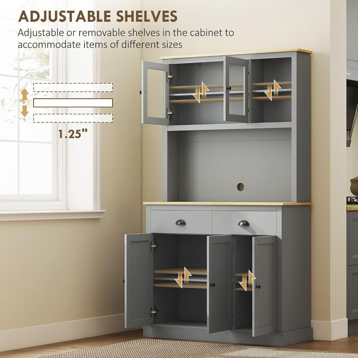 Pantry Cabinet 71-inch freestanding, Four Adjustable Shelves at Three Positions, Wide countertop Cable Hole, Gray and Yellow Oak Design