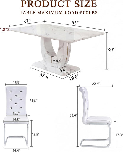Dining Table Set for 6, Kitchen Table Chairs Set of 6, Modern Dining Room Set 63'' Marble Dinner Table PU Leather Upholstered Chairs for Kitchen (White-cro)