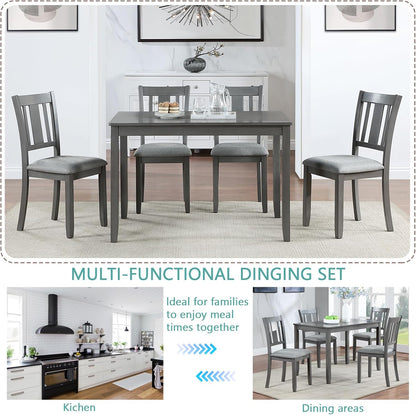 RuiSiSi 5 Piece Dining Table Set for 4, Farmhouse Kitchen Table with 4 Padded Seat Chairs, Solid Wood Dinette Set for Kitchen, Living Room, Grey