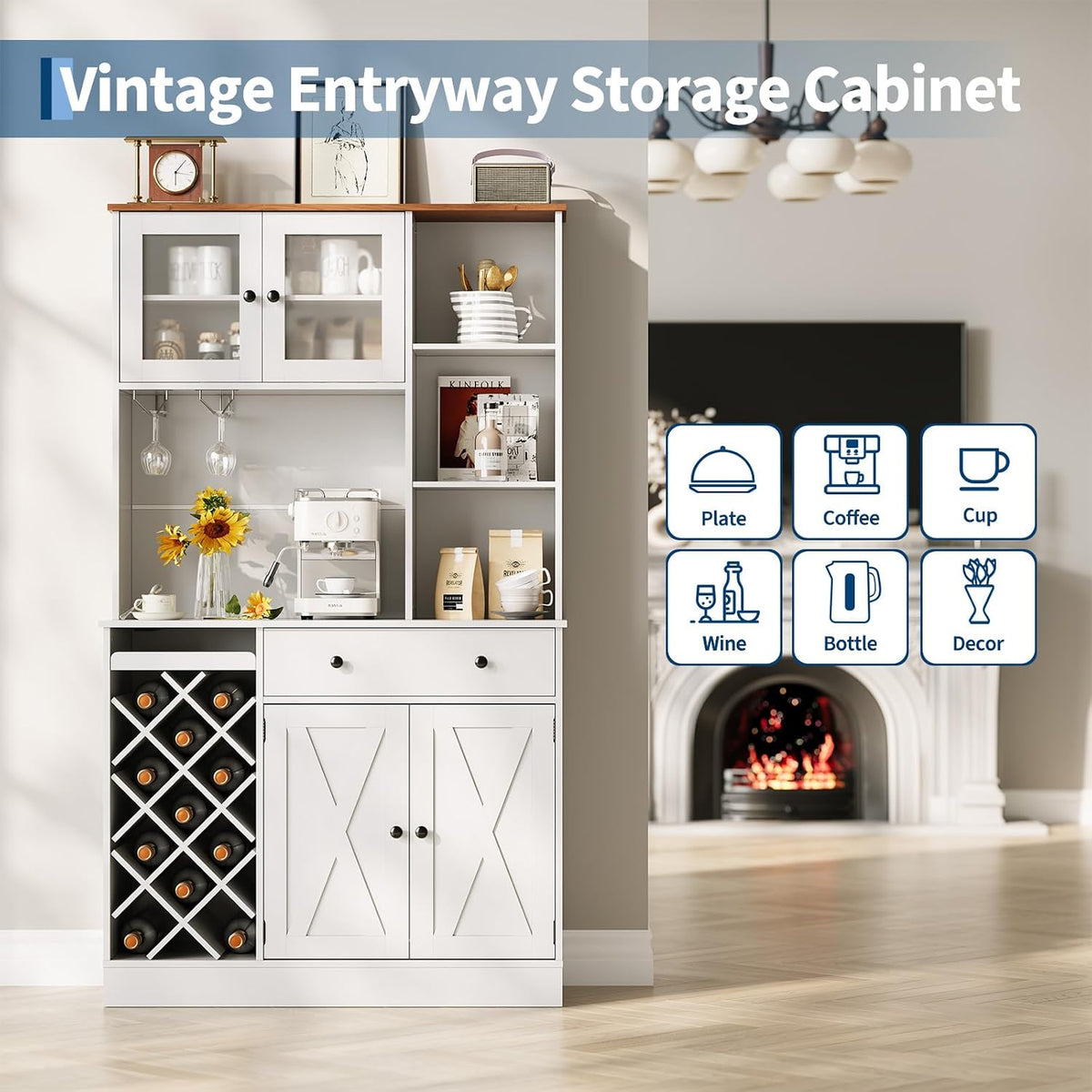 Takywep Contemporary Upright Storage Cabinet with Wine Bottle Rack | Built-in Outlet & Spacious Shelves – Multi-Functional Sideboard Credenza for Dining Area, Living Room, or Home Bar Setup