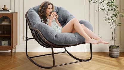 Oversized Papasan Rocking Chair - Outdoor Luxury Egg Chair Indoor Rattan Comfy Rock Chair with Cushion for Patio Garden Porch Lounge Lawn Bedroom Living Room (Grey Teddy)