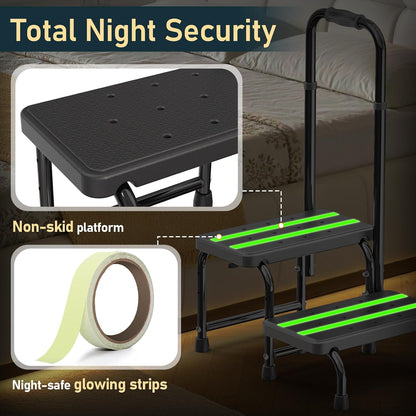 Suteck 2 Step Stool with Handle for Elderly Adults, 6-Leg Welded Bedside Step Stool for High Beds, 10-Level Adjustable Handrail, Wide Non-Slip Platform for Bathroom, Kitchen, RV, 450 lb, Black