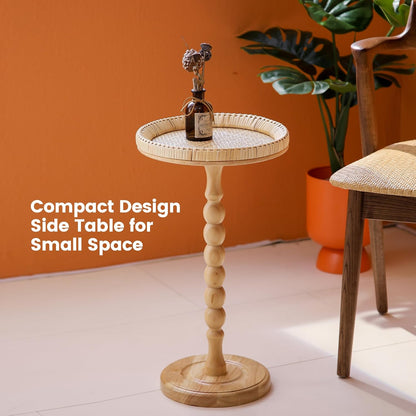 Drink Table，Rattan Round Small Side Table for Small Spaces, Boho Circle End Table Coffee Table with Solid Wood Leg for Living Room, Pedestal Table for Bedroom, Corners