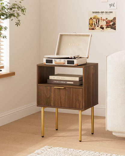 Nightstand,Small Bedside Table with Gold Frame,Walnut Night Stand,Bedside Furniture,Side Table with Drawer and Shelf for Bedroom,Living Room (1Drawer, Walnut)